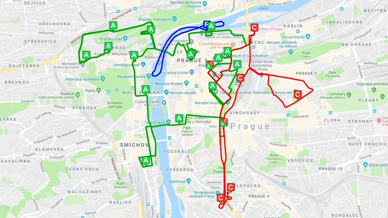 Map showing the different bus routes with the letters "A C R"